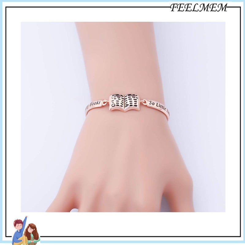 FEELMEM EELMEM Book Lover Gifts So Many Books So Little Time Book Charm Bracelet Bookworm Jewelry Reader Gift Librarian Gift (Rose gold) - Image 3